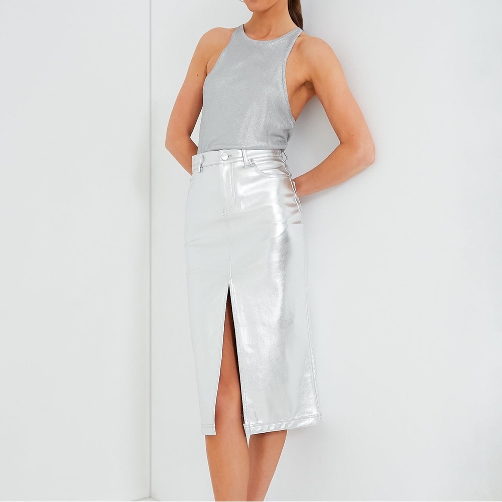 STAUD Oaklyn Metallic Silver Faux Leather Midi Pencil Skirt